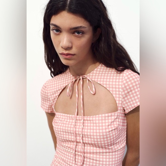 NEW Zara Tied White Pink Gingham Checkered Mini Dress XL L - Picture 3 of 9